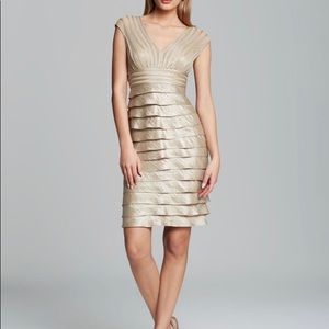 Adrianna Papell Tiered V-neck dress in bronze.